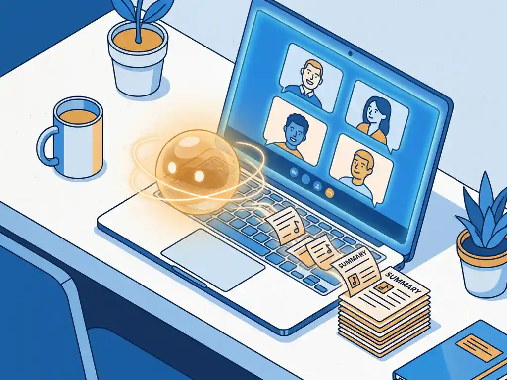 Laptop met videovergadering en zwevende AI-assistent die gesproken woorden omzet in samenvattingsnotities, moderne bureauomgeving.