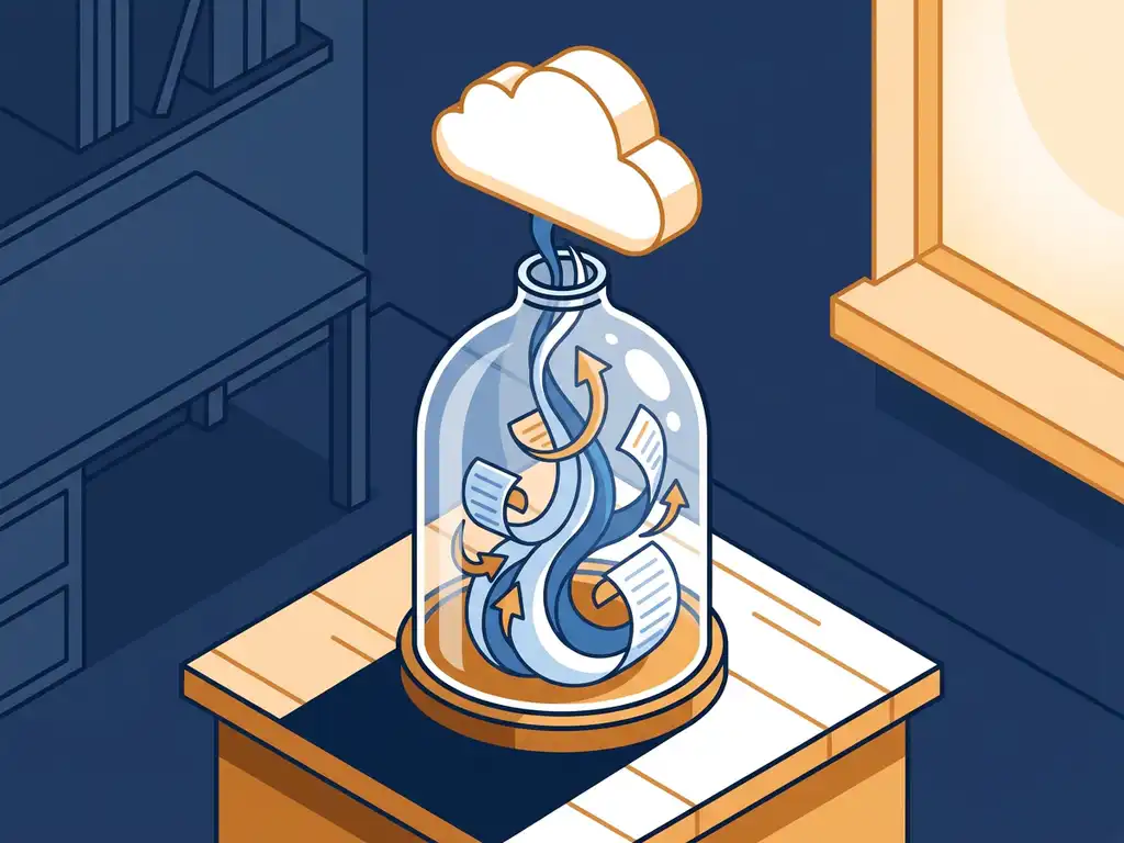 Glazen container met wervelende datastromen als papieren documenten die naar een wolk drijven, kantooromgeving in marineblauw en amber.