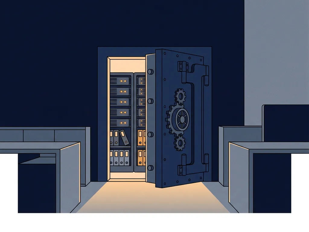 Stalen kluisdeur op een kier met georganiseerde mappen en serverracks zichtbaar, in een modern kantoor met marineblauw en amberkleurig kleurenpalet.
