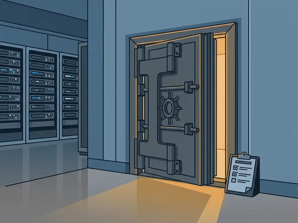 Stalen kluisdeur op een kier in een moderne serverruimte, met een klembord checklist tegen de deurpost en warm amberkleurig licht.