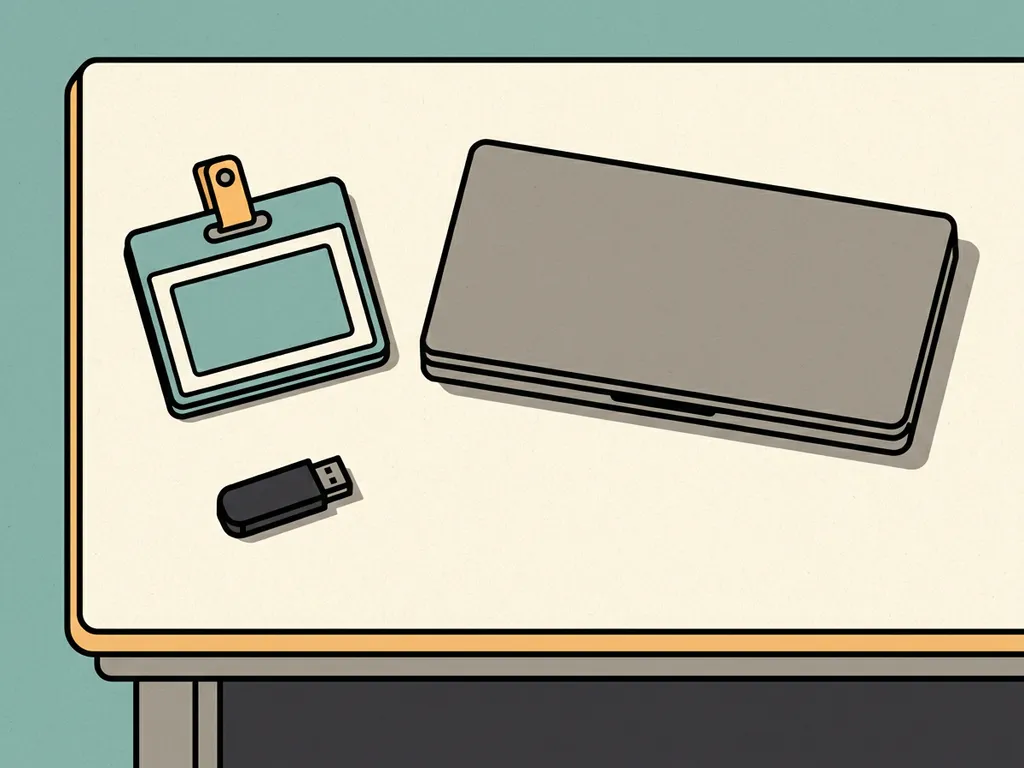 Leeg bureau met achtergelaten toegangspas, dichte laptop en losse USB-stick, symboliseert offboarding en digitale beveiliging.