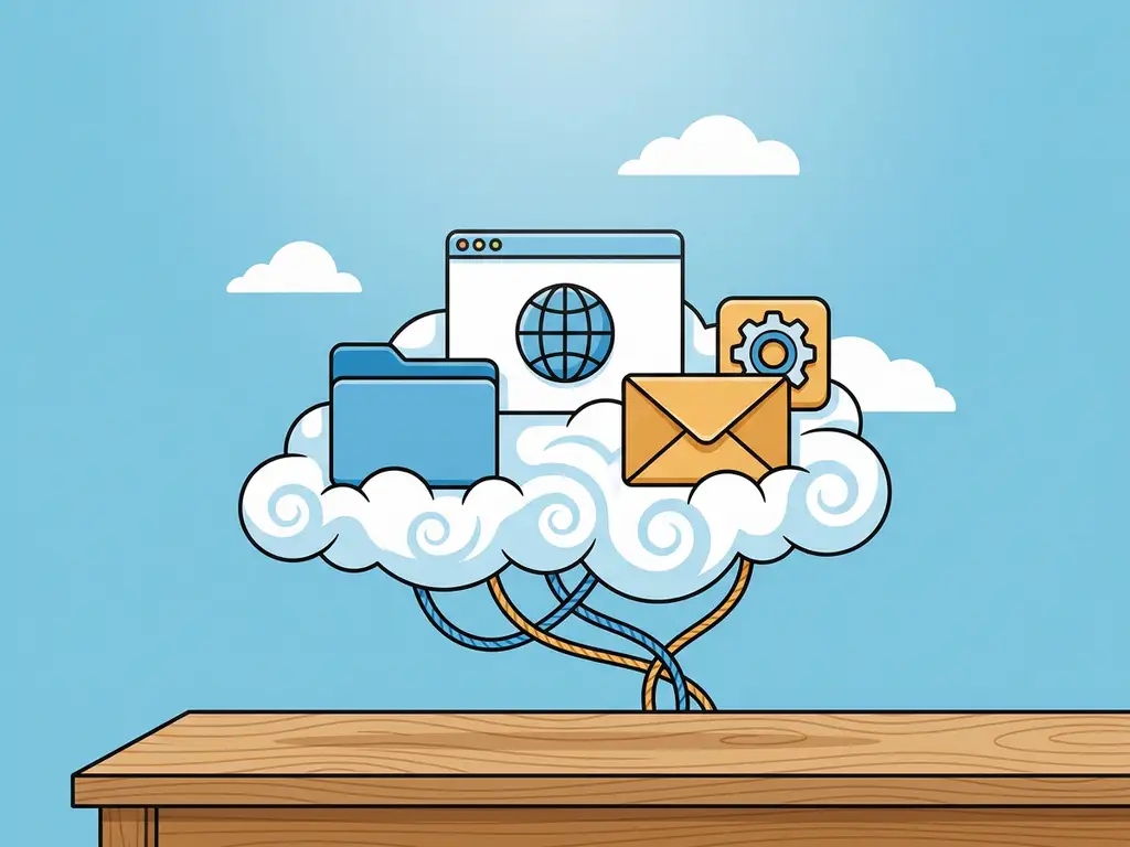Desktop-applicatiepictogrammen die op wolkplatforms van een houten bureau omhoogstijgen, met serverkabels eronder, tegen een lichtblauwe achtergrond.