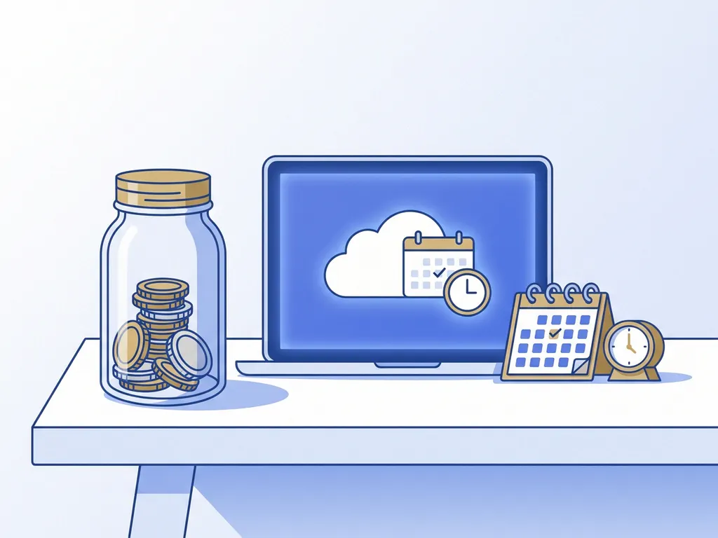 Glazen pot gevuld met gestapelde munten naast laptop met cloudpictogram, kalender en klok op wit bureau.
