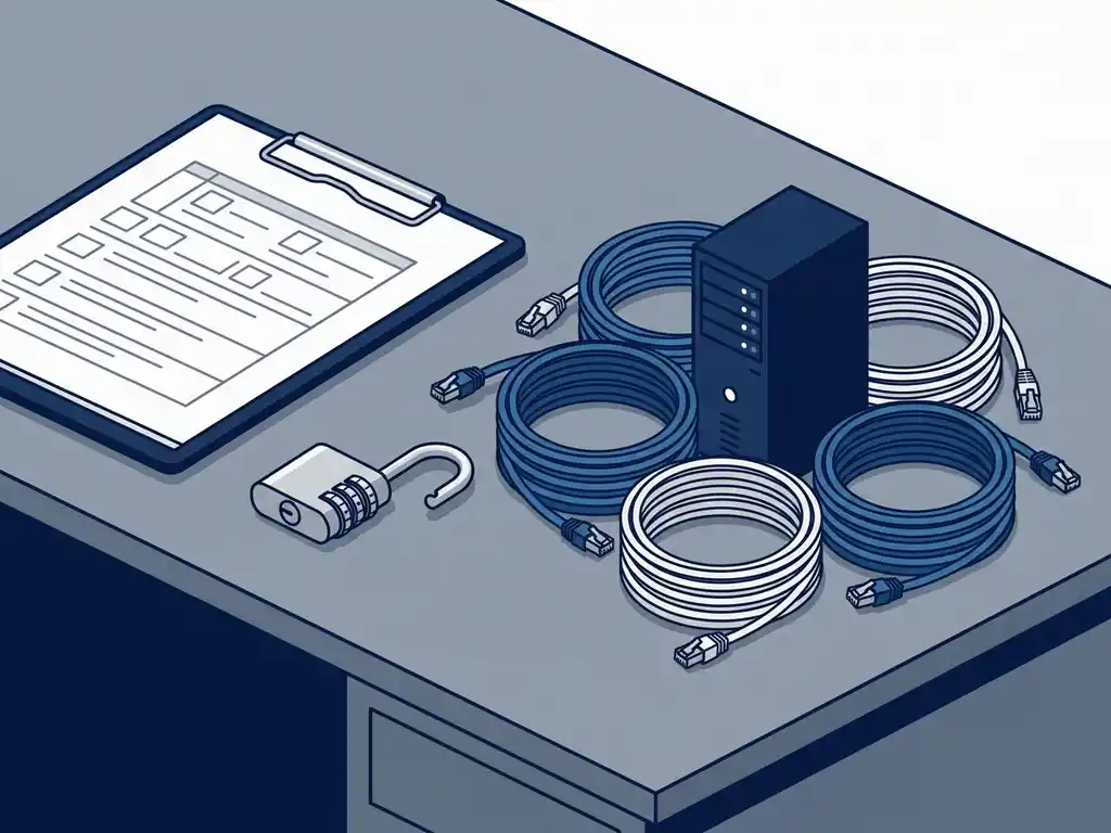 Beveiligingsprofessional bureau met auditklembord, open combinatieslot, netwerkkabels en servermodel voor cybersecurity-basiscontrole.
