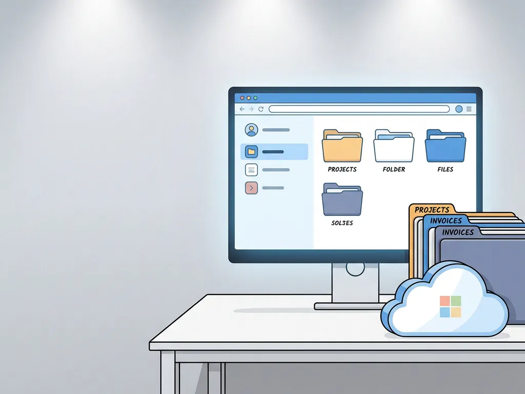 Georganiseerd digitaal documentenportaal op een moderne monitor, omringd door gelabelde mappen in blauwe en witte tinten.