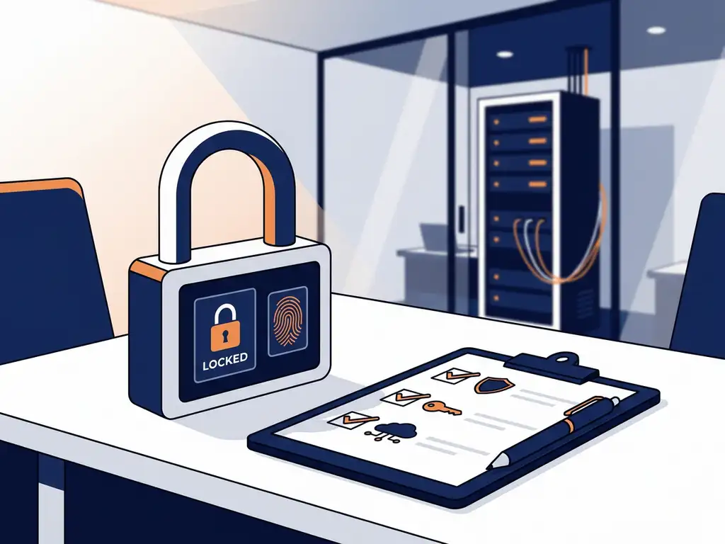 Digitaal hangslot naast een klembord met checklist op een wit bureau, met een serverrek op de achtergrond.