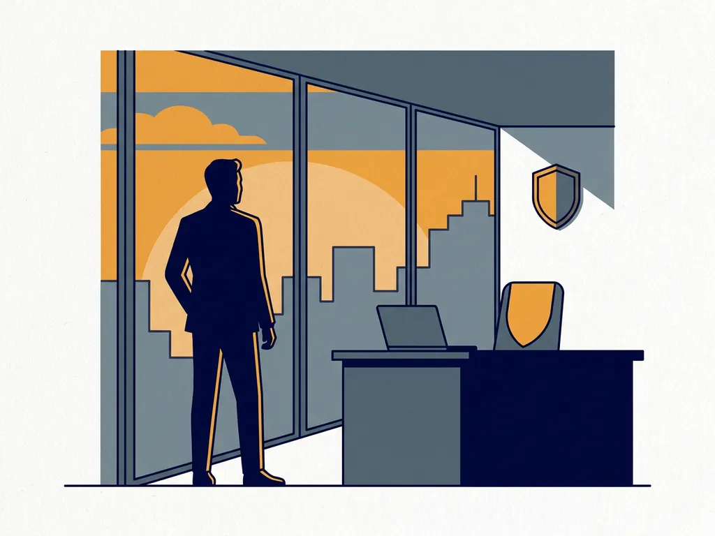 Directeur bij glazen kantoorwand met uitzicht op Nederlandse skyline, laptop en schildvorm op bureau, vectorillustratie in marineblauw en amber.