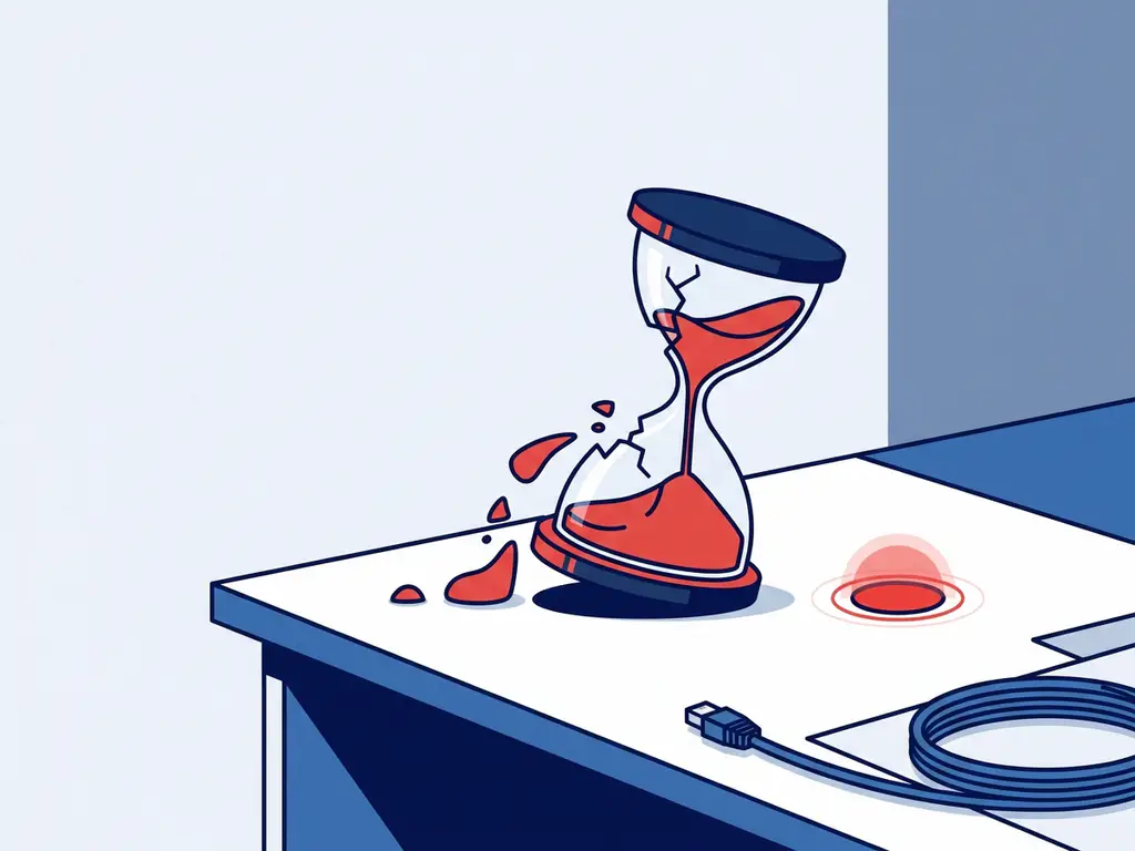 Gebarsten zandloper op kantoorbureau met uitlopend zand, rood waarschuwingslampje en opgerolde netwerkkabel in marineblauw en rood.
