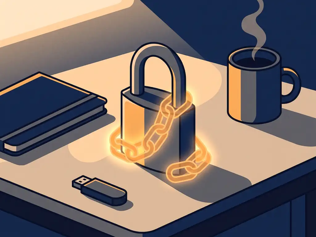 Stalen hangslot met gloeiende keten op kantoorbureau, omringd door notitieboek, USB-stick en koffiemok, symbool van digitale beveiliging.
