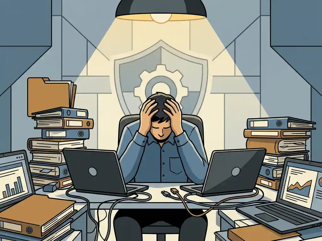 IT-manager aan rommelig bureau, omringd door stapels compliance-documenten en laptops, met schildsymbool op achtergrondmuur.