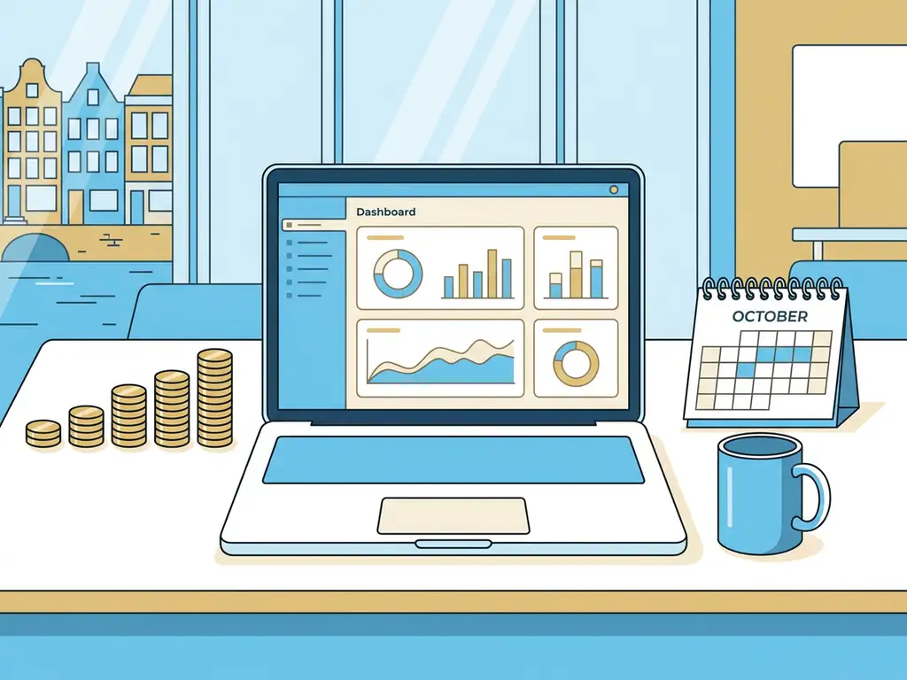 Bureau met laptop waarop een dashboard zichtbaar is, oplopende muntenstapels, blauwe koffiemok en kalender in moderne kantooromgeving.