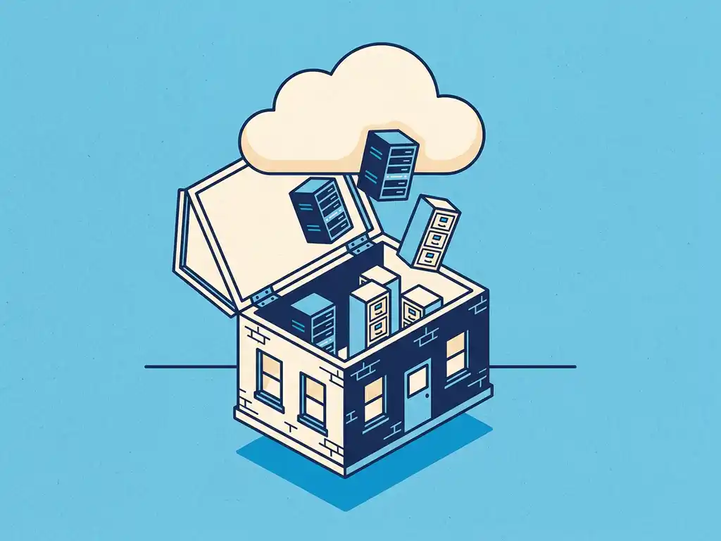 Kantoorgebouw van baksteen dat opstijgt terwijl servers en archiefkasten naar een witte cloud zweven, vlakke vectorillustratie in blauw en wit.