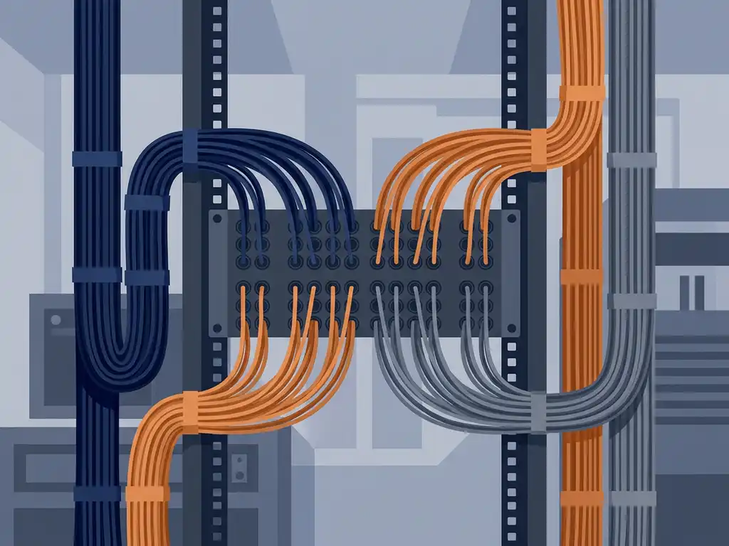 Kleurgecodeerde netwerkkabelclusters verbonden via een patchpanel in een modern serverrek, georganiseerd met gekleurde tape.