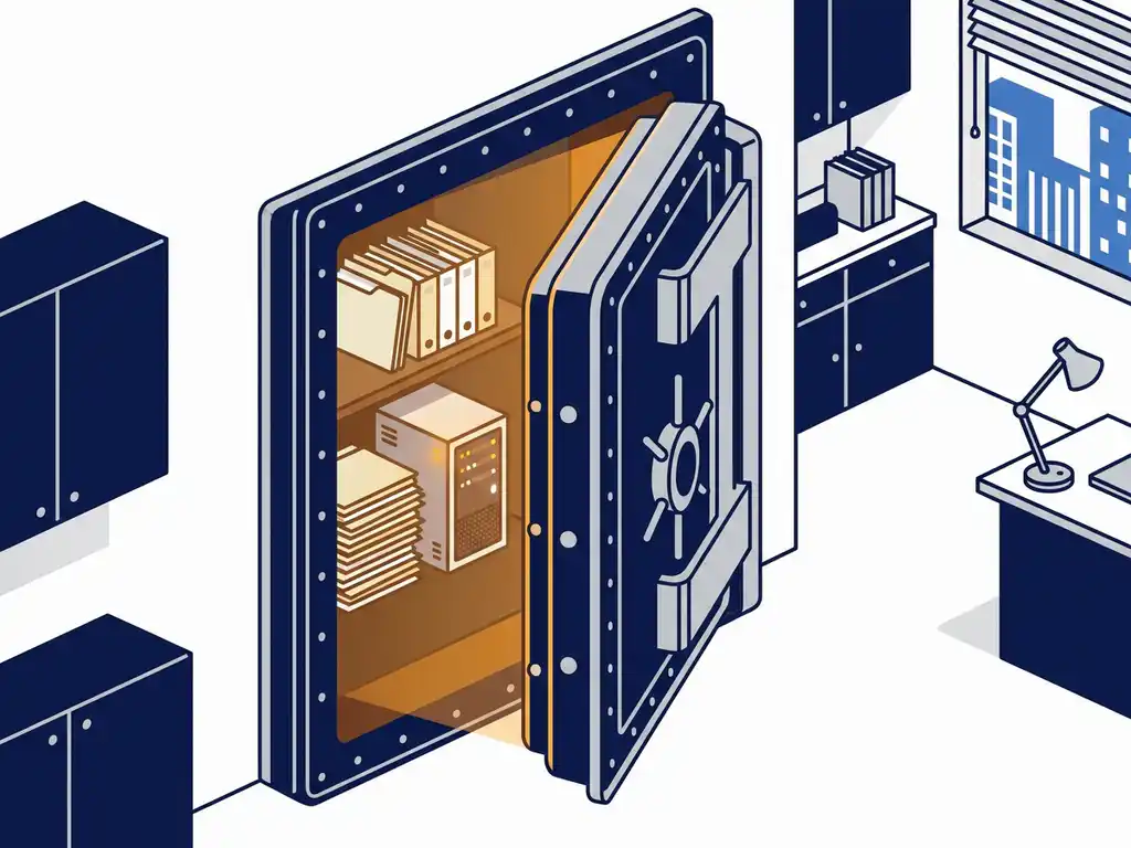 Zware stalen kluisdeur op een kier met ordners en serverunit in warm verlicht interieur, kantooromgeving, vectorillustratie.