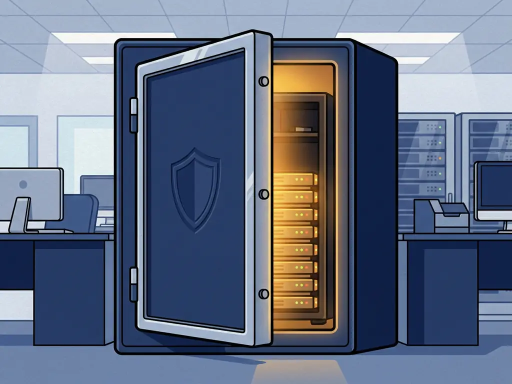 Stalen kluisdeur op een kier met gloeiende server-backupdrives erin, schildembleem op het oppervlak, moderne IT-werkruimte, vectorillustratie.