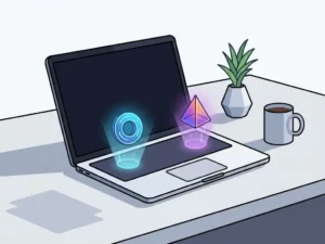 Laptop op modern bureau met lichtgevende blauwe bol en geometrisch prisma naast elkaar op het toetsenbord, symboliserend twee AI-assistenten.