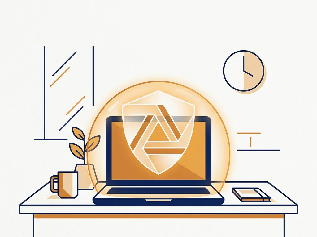 Laptop op bureau omgeven door geometrische beschermingskoepel in marineblauw en amber, symbool voor digitale beveiliging.