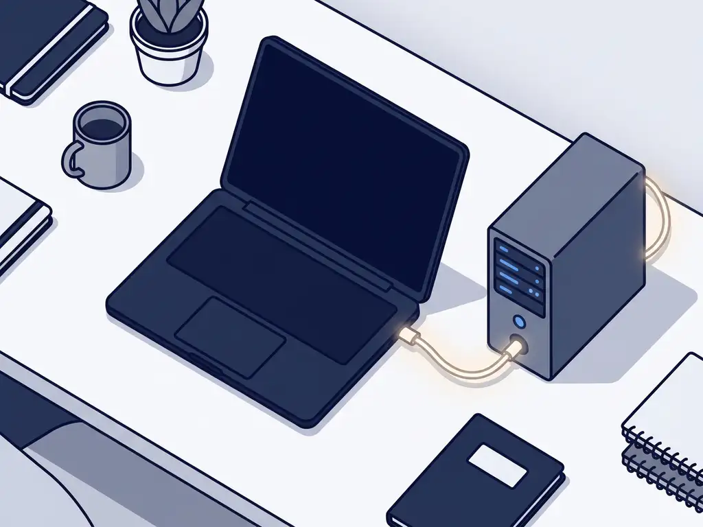 Laptop verbonden via gloeiende kabel met een compacte server in een minimalistisch kantoor, vlakke vectorillustratie in marineblauw en grijs.