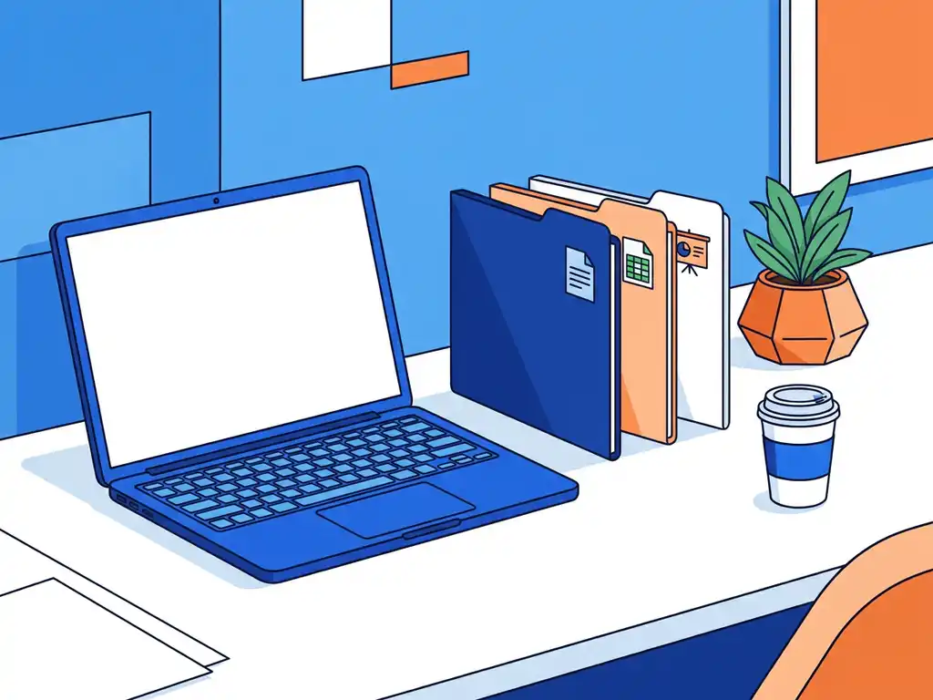 Laptop op modern bureau met gekleurde mappen, kamerplant en koffiekop in cobaltblauw en oranje illustratiestijl.