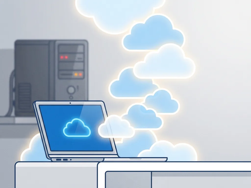 Laptop op modern bureau met lichtgevende wolken, verouderde servertoren op achtergrond, vectorillustratie over cloudmigratie.