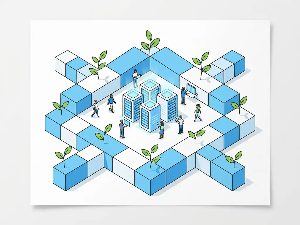 Modulaire cloudwerkruimte als stapelbare blokken met miniatuurteamfiguren rond een lichtgevend servercluster en groene sprietjes ertussen.