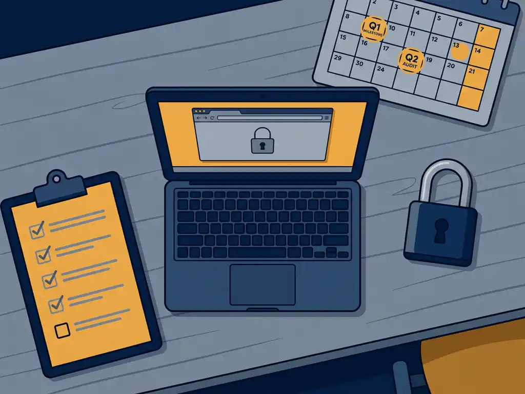 Bureau met compliance-checklist op klembord, kalender met mijlpalen en hangslot naast laptop, symbool voor digitale beveiliging.