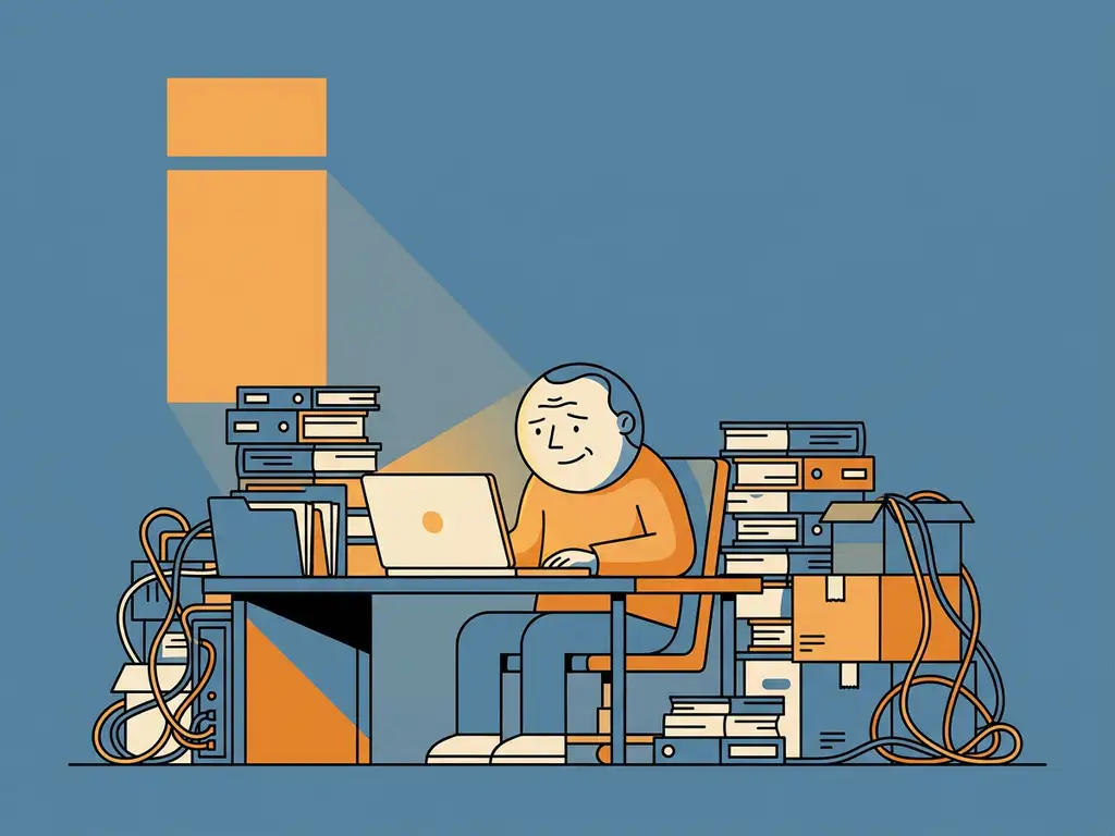 Nieuwe medewerker aan modern bureau, omringd door stapels mappen en dozen, met één gloeiende laptop, vectorillustratie in blauw en oranje.
