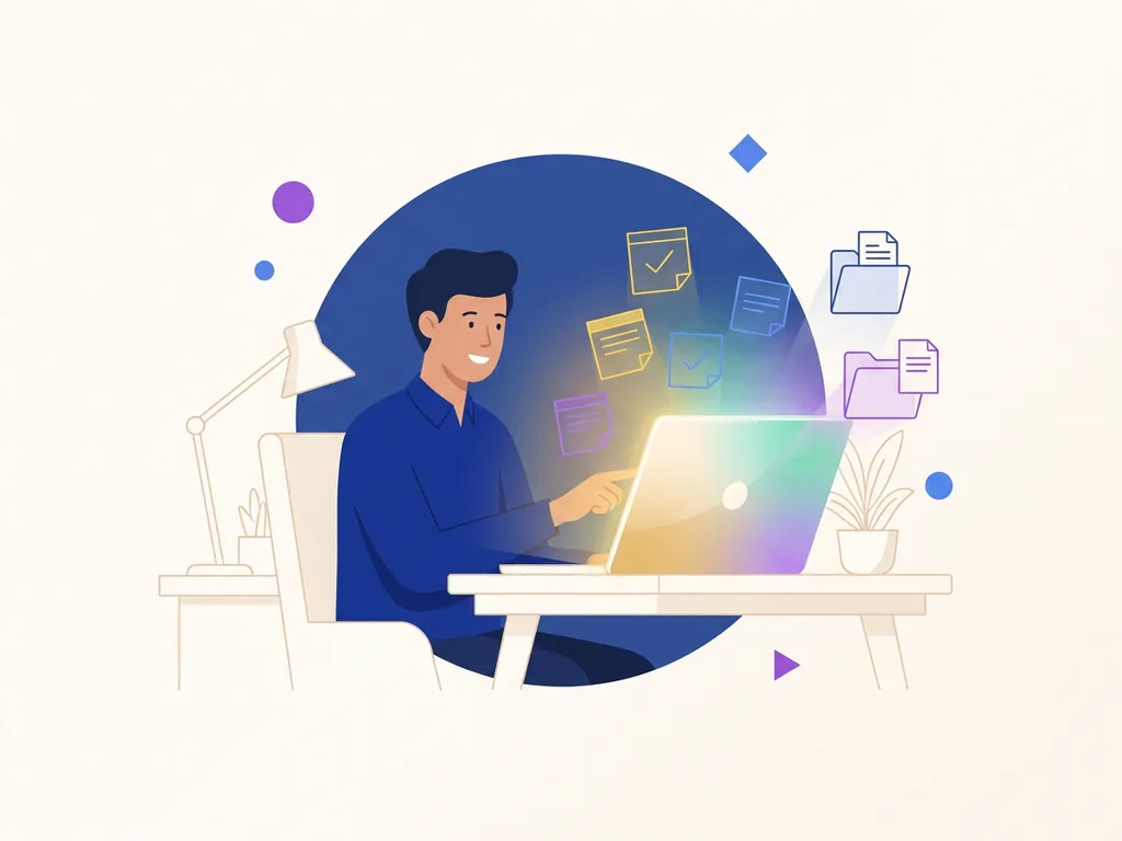Nieuwe medewerker ontvangt laptop aan modern bureau, omgeven door zwevende onboarding-checklists als sticky notes en mappen in blauw-paars kleurenpalet.