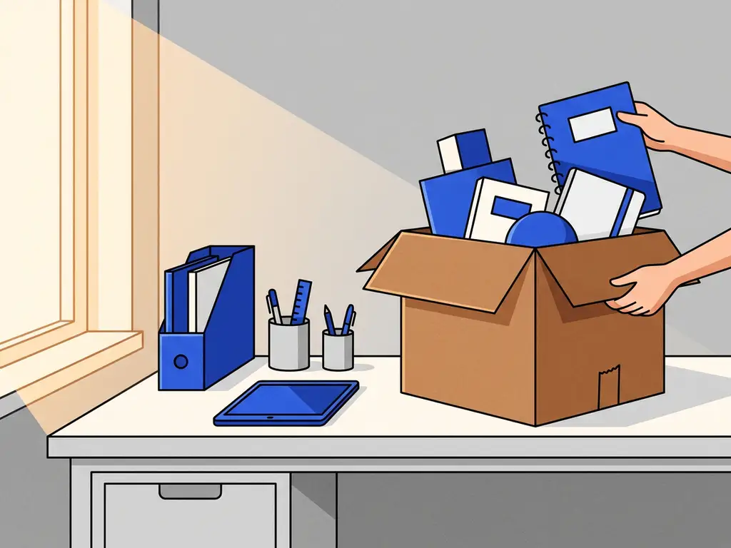 Kartonnen verhuisdoos op modern bureau met kleurrijke mappen en kantoorartikelen in vlakke vectorillustratiestijl, warm natuurlijk licht.