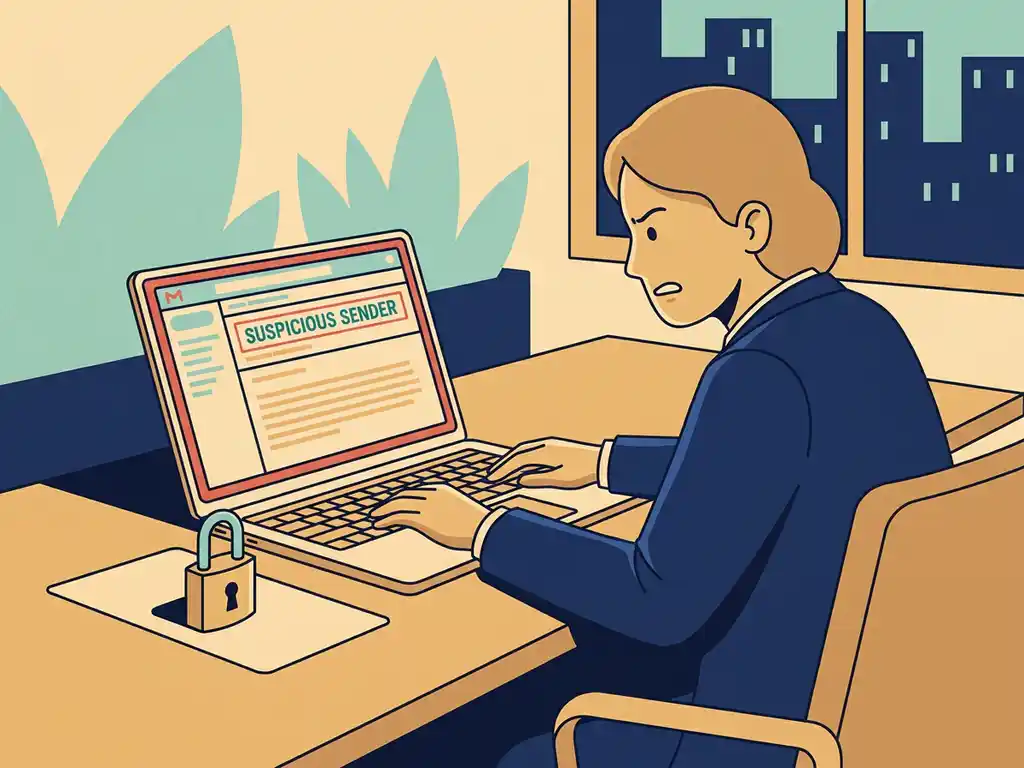Kantoormedewerker bekijkt verdachte phishing-e-mail op laptop, met hangslotpictogram op bureau in teal en navy kantooromgeving.