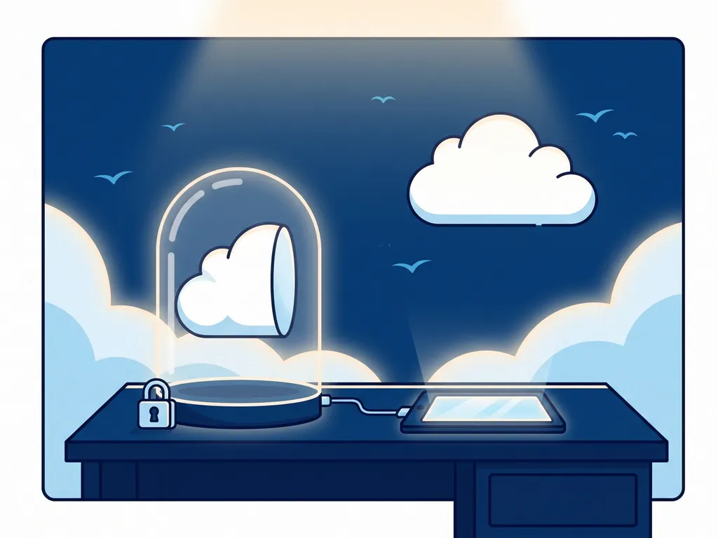 Witte wolk deels onder glazen stolp op minimalistische desk, deels vrij zwevend in lucht, digitale illustratie in marineblauw en wit.