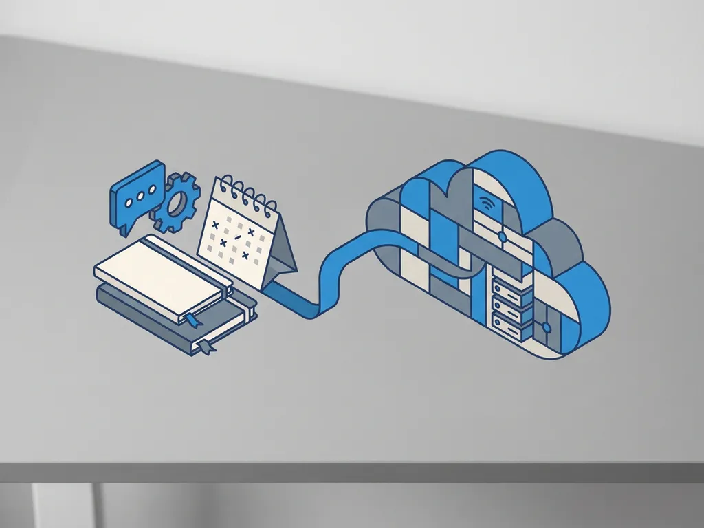 Bureauopstelling met notitieboeken, kalender en samenwerkingspictogrammen die overgaan in een cloudinfrastructuurmodel, in Microsoft-blauw en grijs.