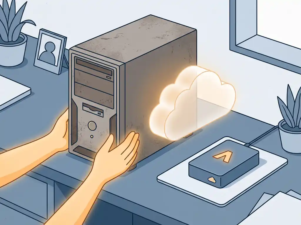 Verouderde towerserver wordt vervangen door een lichtgevende cloud op een opgeruimd bureau, met een Microsoft Azure-apparaat ernaast.