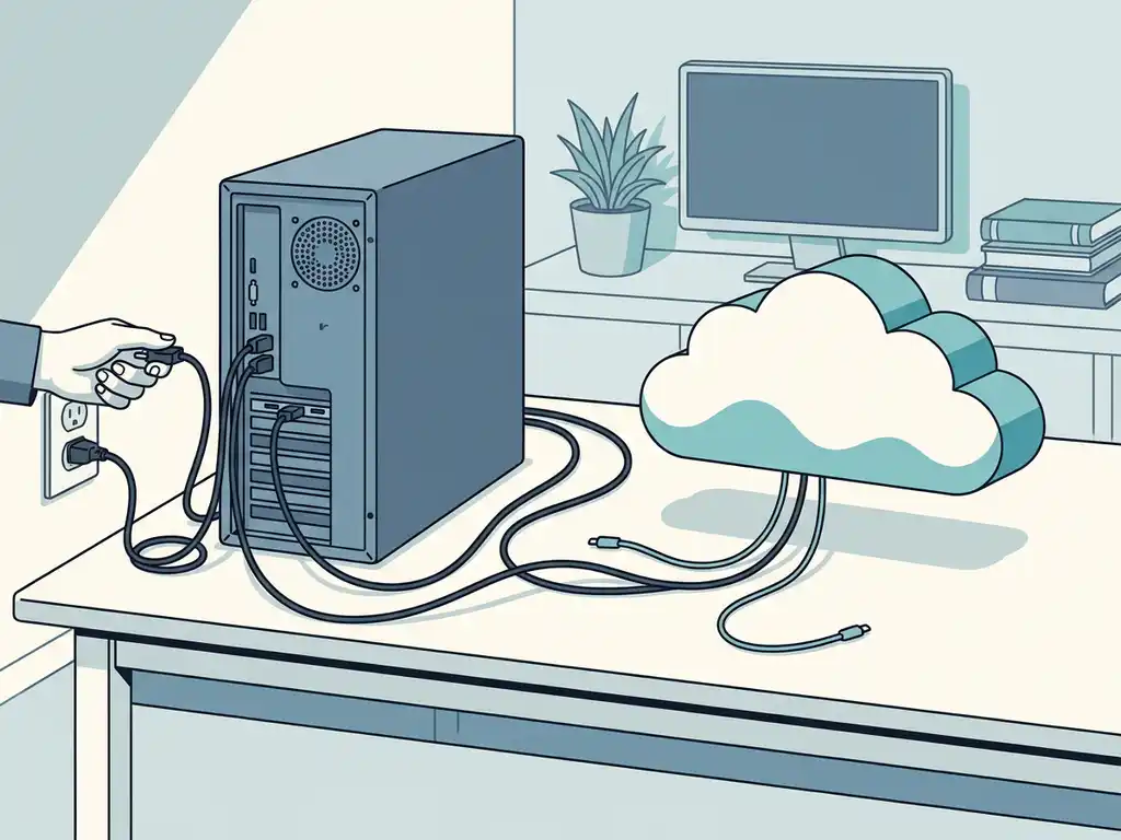 Verouderde servertoren wordt ontkoppeld, met kabels die leiden naar een sculptuurachtige cloud op het bureau in een rustige kantooromgeving.
