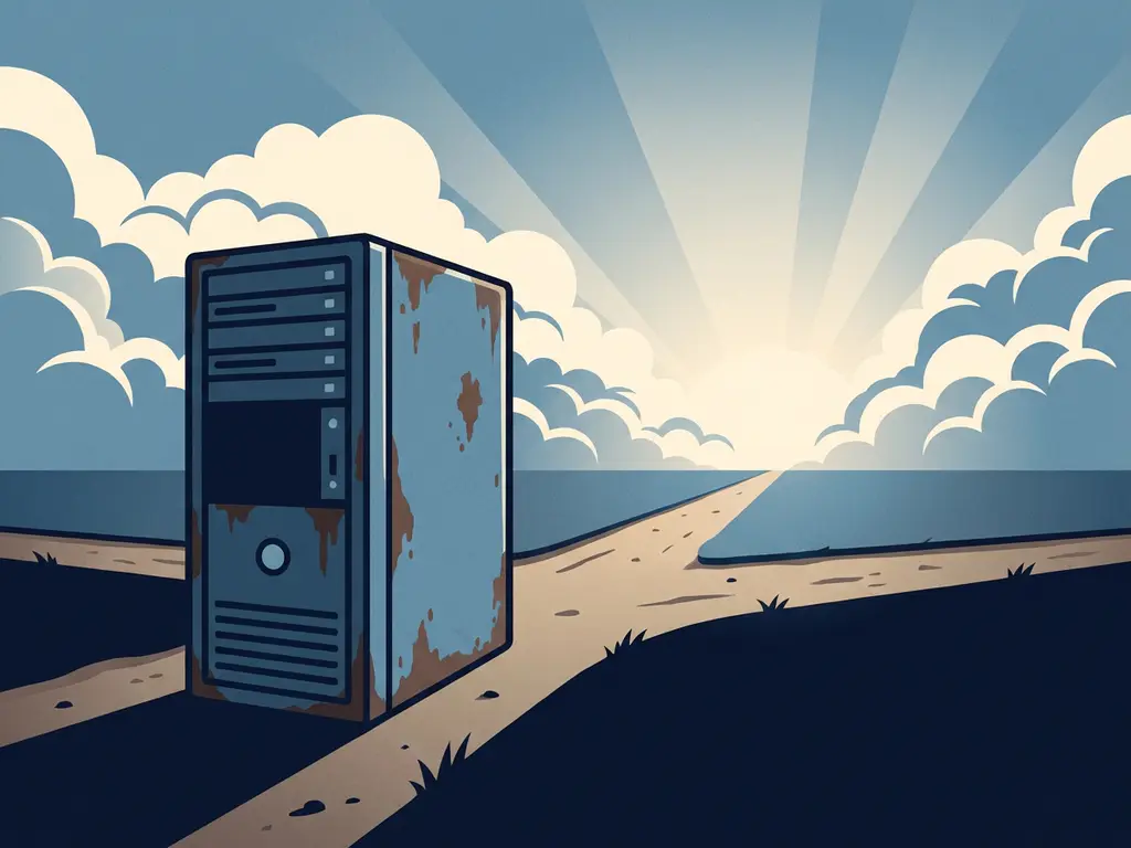Verouderde on-premises server op een kruispunt, met een pad richting een heldere lucht vol wolken in staalblauwe en marinekleuren.