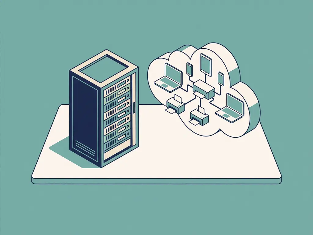 Serverrack en cloudverbonden kantoorapparaten naast elkaar op een bureau, vlakke vectorillustratie in teal, navy en wit.