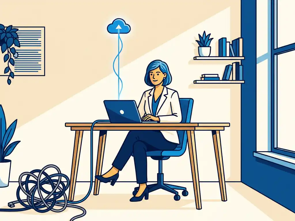 Professional aan helder thuisbureau met laptop en gloeiende cloudverbinding omhoog; verward kabelbundel weggegooid in de hoek.