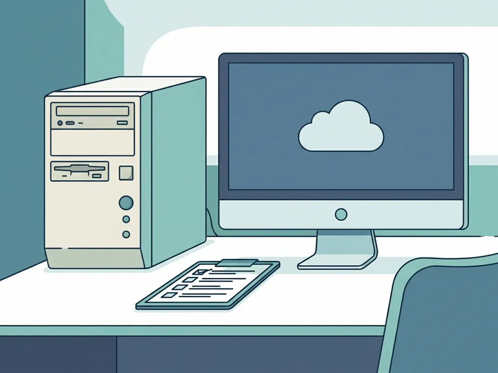 Verouderde desktoptoren naast een moderne cloud-werkstation op kantoorbureau, met klembord en checklist erbij, vectorillustratie.