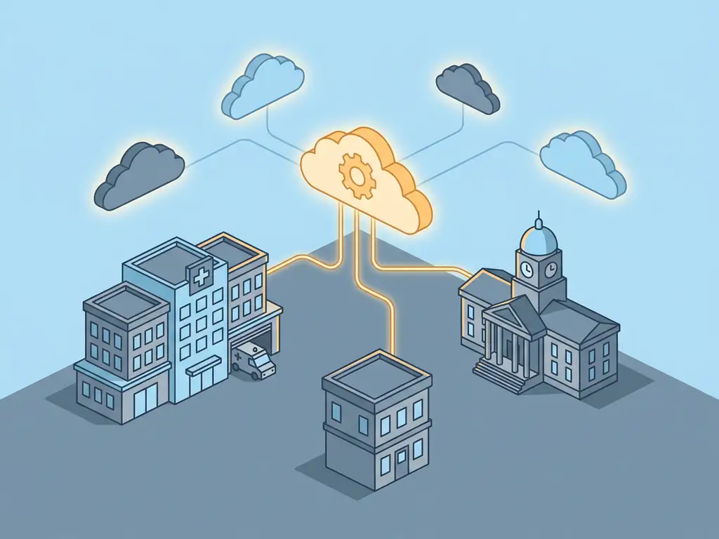 Ziekenhuis, gemeentehuis en kantoor verbonden via gloeiende wolken, met één amberkleurige wolk als gekozen cloudoplossing.