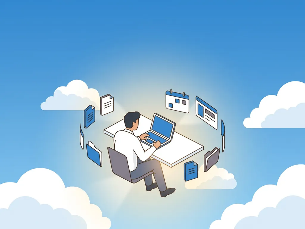 Professional werkt op laptop aan zwevend bureau tussen wolken, omringd door orbiterende digitale bestanden en apps.