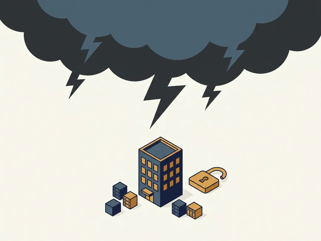 Donkere stormwolk boven miniatuurkantoorgebouw met open goudkleurig hangslot en verspreide serverblokken, symboliseert digitale kwetsbaarheid.