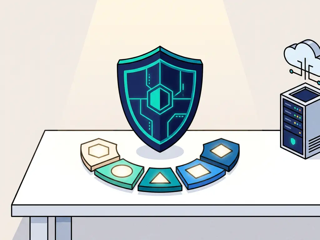 Digitaal schild op een modern bureau, omringd door vijf gloeiende tokens in een beschermende boog, met server en cloud in marineblauw en teal.