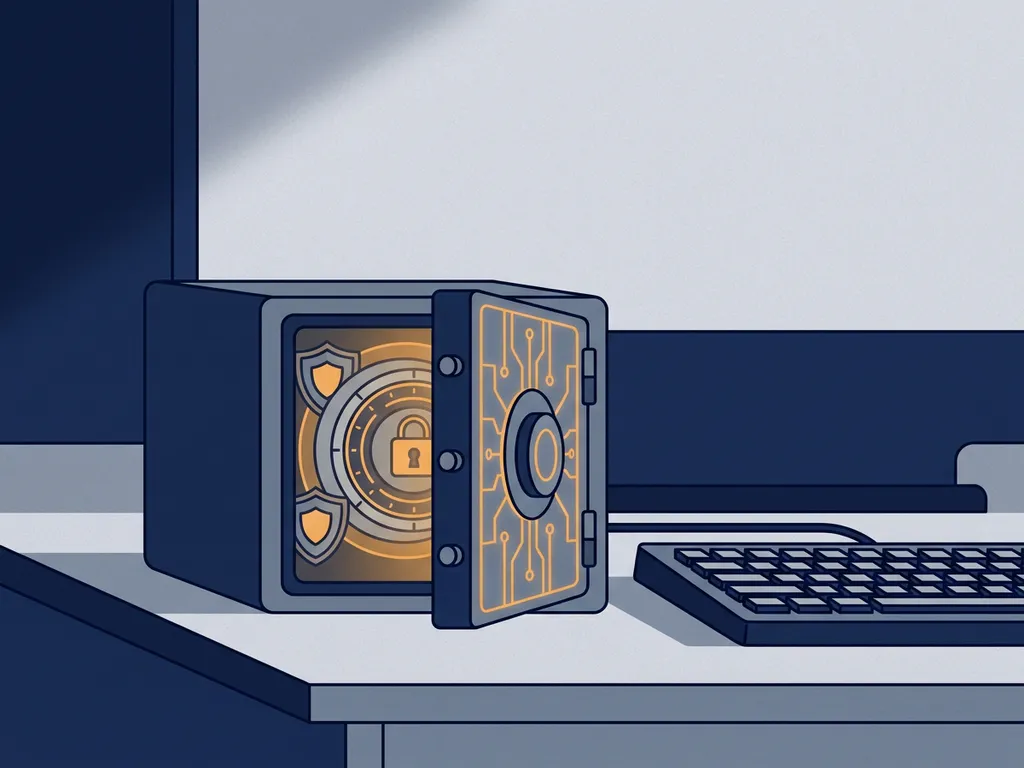 Digitale kluisdeur op een kier met zichtbare schilden en slotmechanismen, op een modern bureau naast een toetsenbord.