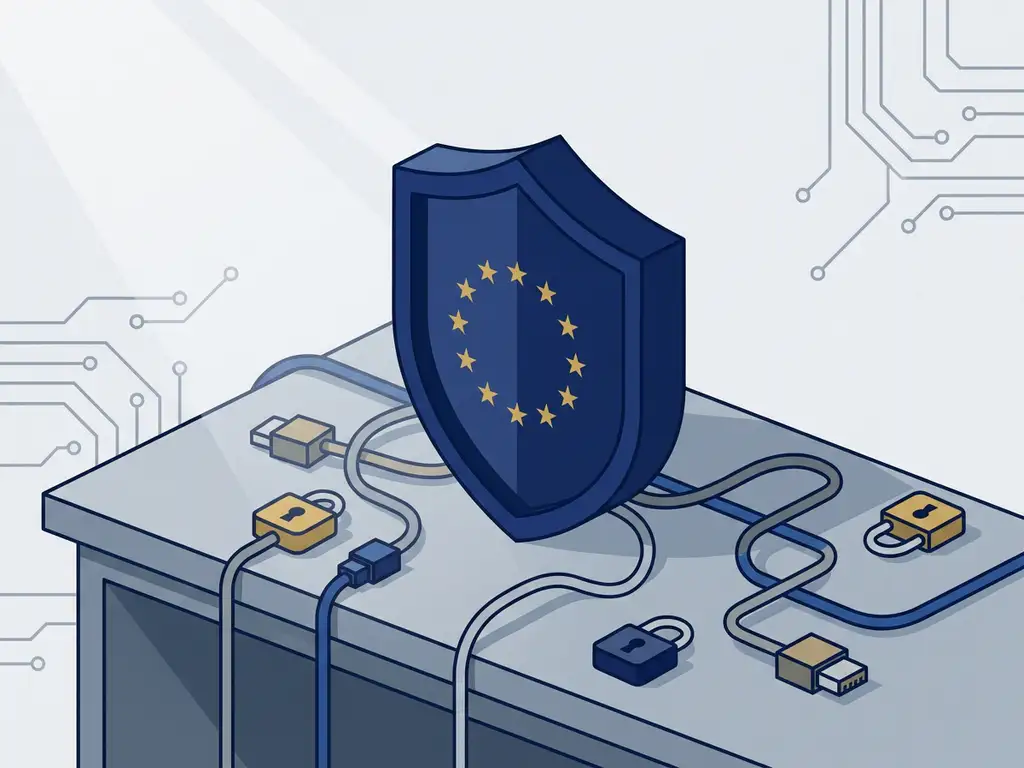 EU-gebrandmerkt schild op modern bureau omringd door netwerkkabels en hangsloten, symbool voor Europese cybersecurityregelgeving.
