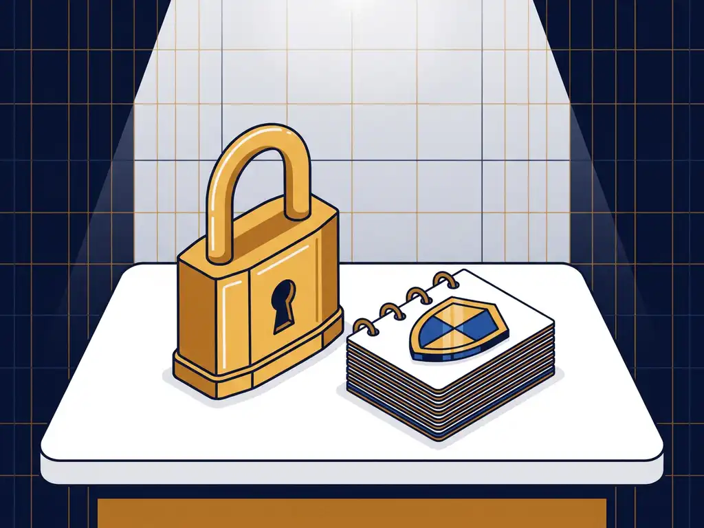 Gouden hangslot op wit bureau naast gestapelde schildiconen in marineblauw en goud, symboliseert digitale beveiliging en privacyregels.