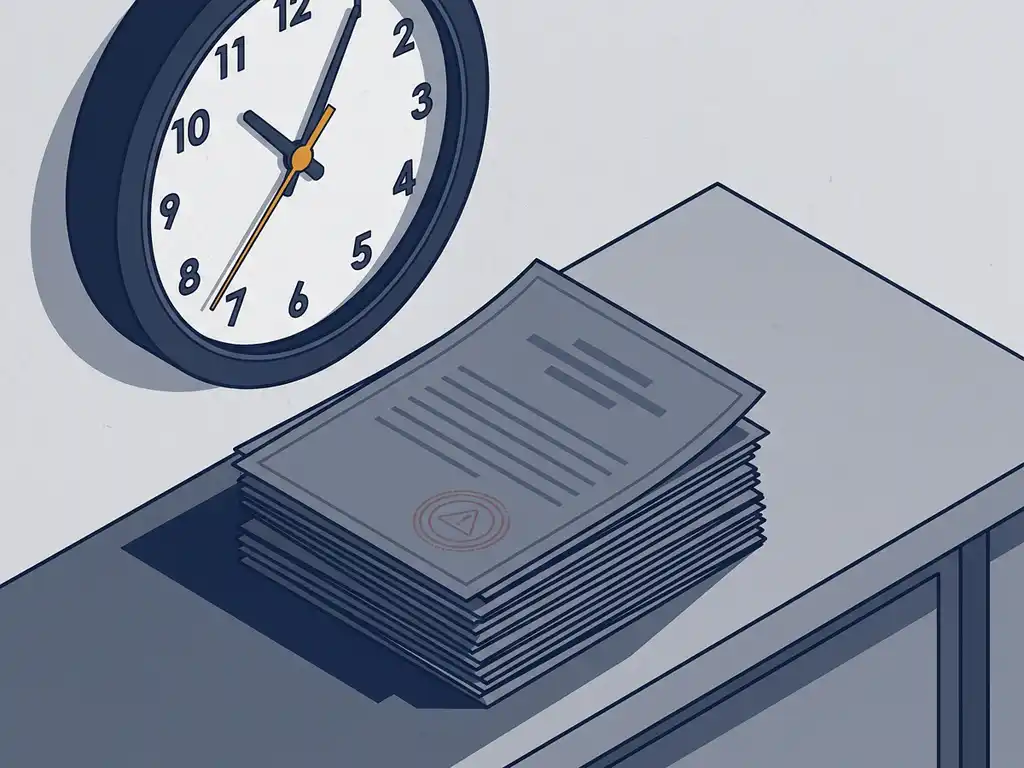 Grote wandklok boven een stapel officiële nalevingsdocumenten met rood waarschuwingszegel op een overheidsbureau.