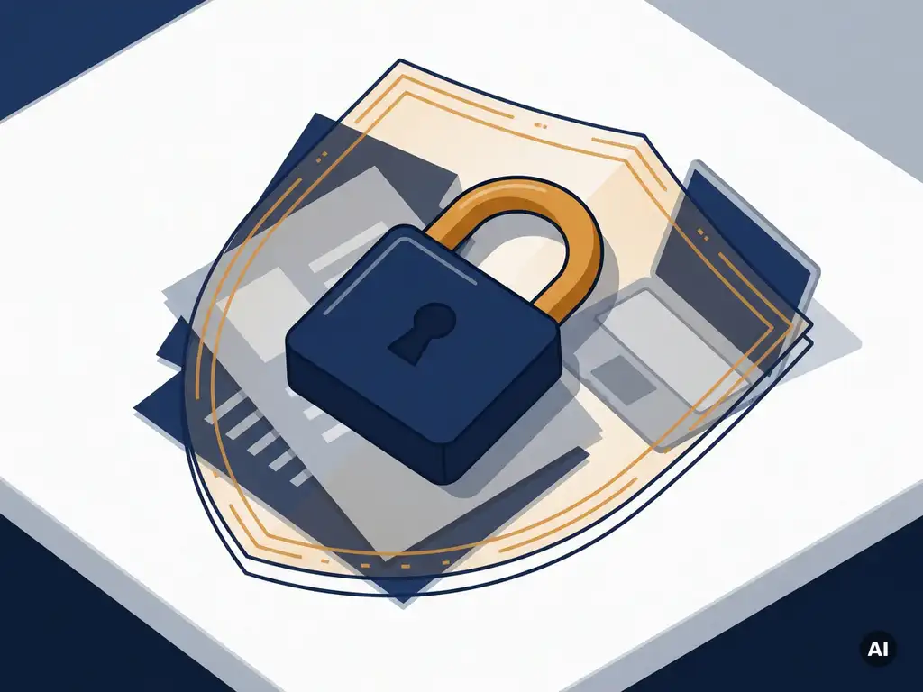 Hangslot op stapel zakelijke documenten naast laptop, symbool voor gegevensbeveiliging en compliance voor het mkb.