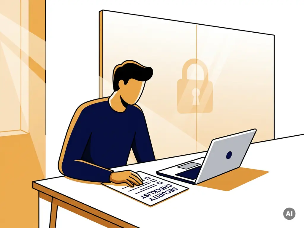 Kantoormedewerker bestudeert beveiligingschecklist naast laptop, met vergrendelingssymbool op matglazen wand op de achtergrond.