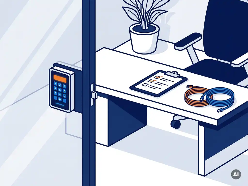 Digitaal slot op glazen kantoordeurdeur met checklist en netwerkkabels op modern bureau in professionele kleine bedrijfsomgeving.