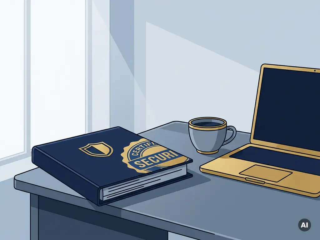 Gecertificeerd beveiligingsdocument in marineblauw ringband met schildembleem, laptop en koffiekopje op modern bureau.
